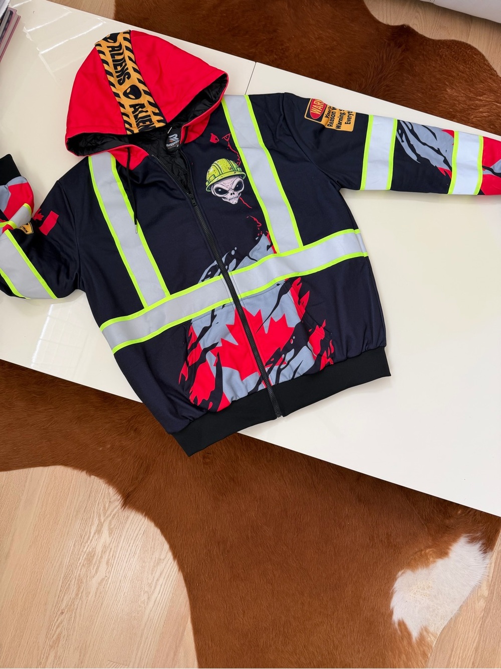Quilted Warm Reflective Black & Red Hooded Jacket with Safety Trim